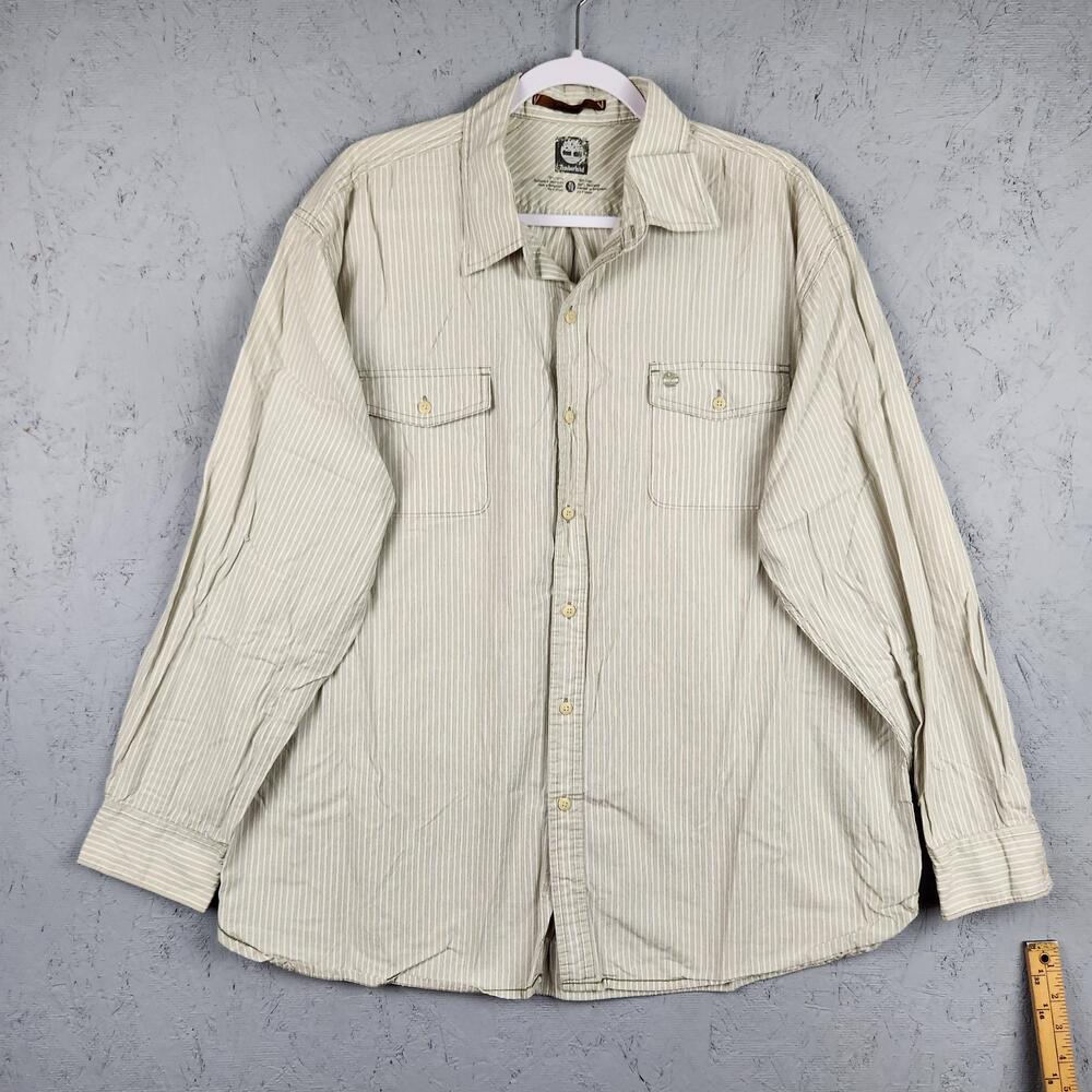 Timberland Shirt Mens XL Beige White Pinstripe Button Down Long Sleeve Pocket
